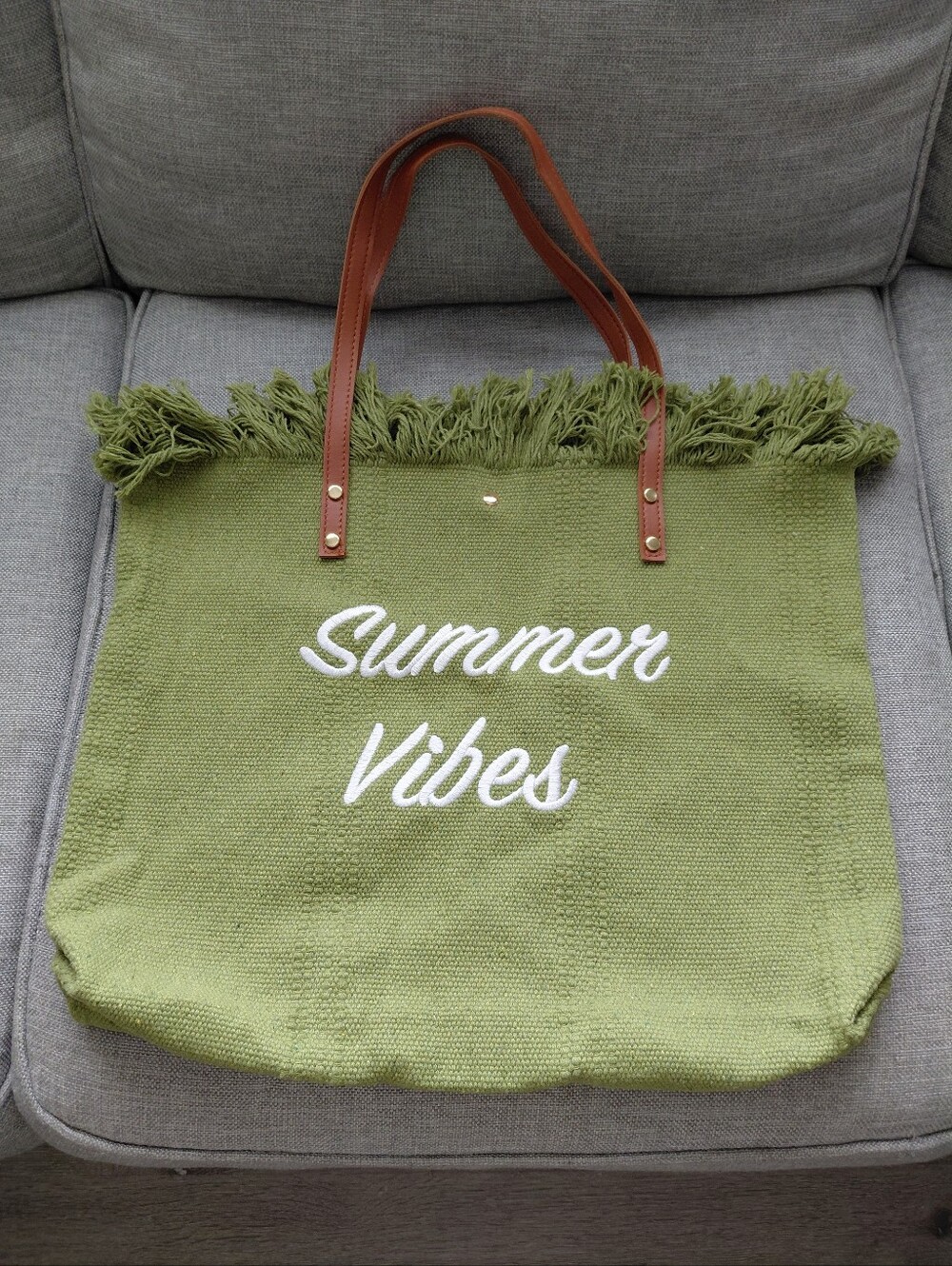 Summer Vibes Olive Green Tote Bag with Brown Straps